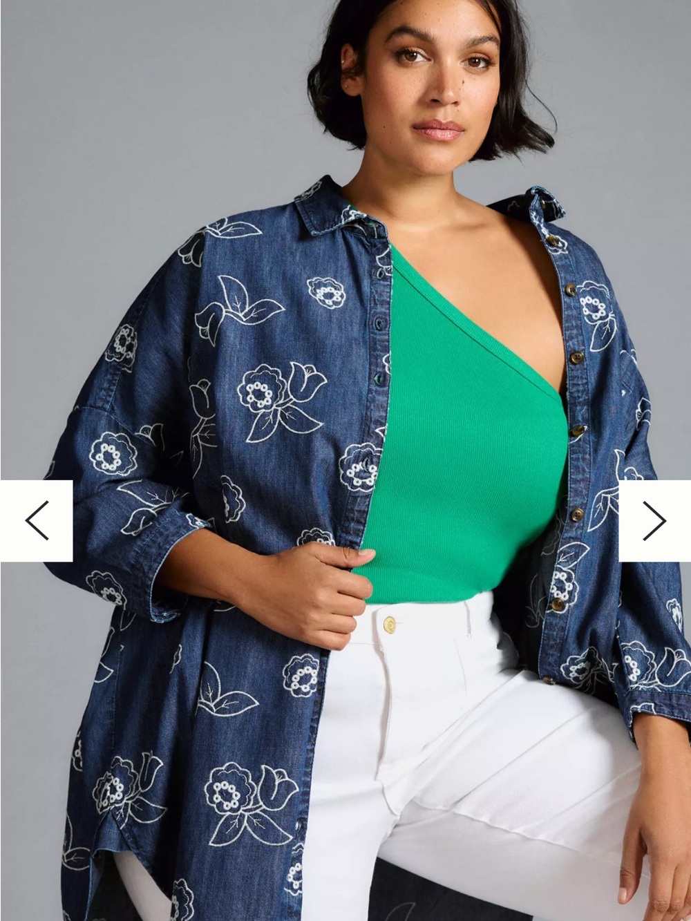 Maeve Anthropologie Blue Floral Embroidered Denim Button-Up Shirt OVERSIZED M-L - Picture 5 of 10
